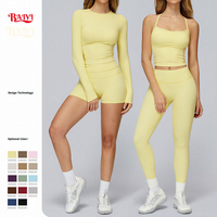Ensemble de vêtements de sport pour femmes avec logo personnalisé, 2 pièces, manches longues, spandex extensible 4 directions, leggings taille haute, vêtements de fitness, ensemble de yoga