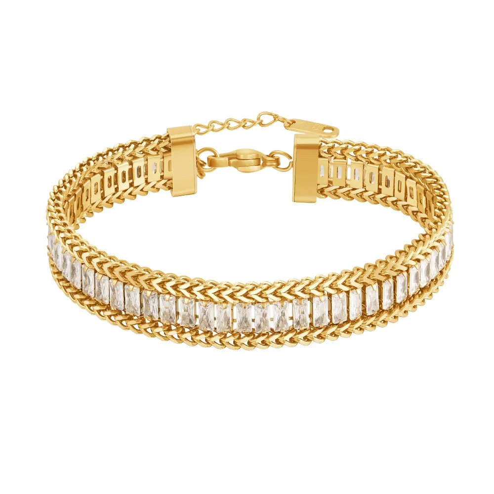 La última joyería de acero inoxidable chapada en oro de 18 quilates, cadena de doble quilla, circón cuadrado blanco para mujer, accesorios, pulsera de regalo B242400