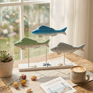Wooden Fish Figurine Set 3 Colors Handmade <b>Tabletop</b> Decor Coastal Home Ornament - Product Image 1