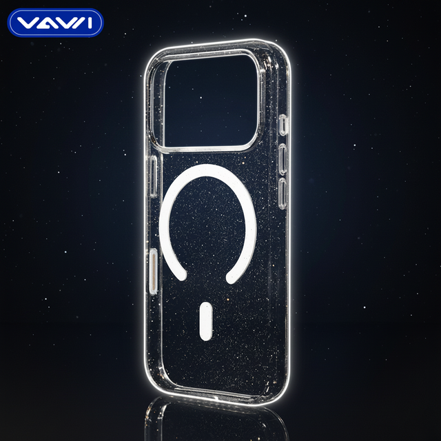 VAWI B311 Clear Glitter Magnetic Phone Case for iPhone 12~15 16 17 Pro Max Series Shockproof Transparent Cover Coque Telephone