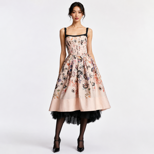 Abito Personalizzato da Donna, Abbigliamento su Misura, Vestito Estivo <span class=keywords><strong>Midi</strong></span> con Corsetto Ricamato <span class=keywords><strong>a</strong></span> <span class=keywords><strong>Fiori</strong></span> Rosa per Feste - Product Image 1