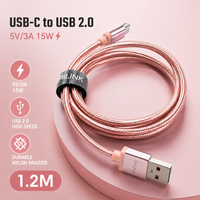 Kabel Pengisi Daya Cepat USB C ke USB 2.0 1.2m 5V 3A 15W dengan Kain Nilon Ujung Logam Lapisan Emas Mawar untuk IPhone/Komputer & Power Bank