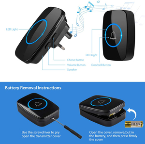 Sonnette de <span class=keywords><strong>porte</strong></span> sans fil LED étanche A10 avec prise EU, portée de 300 m, sonnette intelligente avec batterie, 1 bouton, 2 récepteurs - Product Image 3