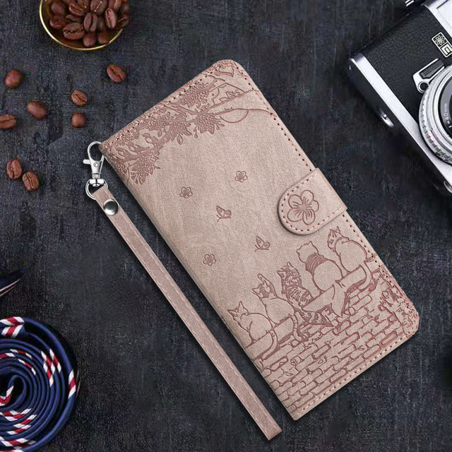 Newly Trendy Mobile Phone Leather Cases Solid Color Embossed Cat Card Wallet case