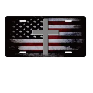 Bendera Amerika salib Yesus pelat nomor penutup Vintage untuk Aksesori Mobil 12x6 inci