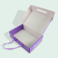 Échantillon gratuit, boîte d'emballage en carton ondulé pour cosmétiques, couleur violette, logo personnalisé, boîte d'expédition, boîte en papier avec poignée en ruban