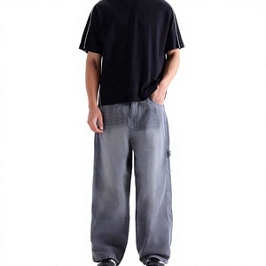 Jean en denim gris clair délavé pour homme, coupe large, en coton premium, coupe décontractée, jambe droite, style streetwear décontracté, jean baggy - Product Image 1