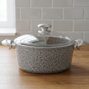 Casserole ronde moderne en fonte émaillée avec couvercle en verre et poignées en acier inoxydable - Product Image 6