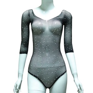 Body Sexy da Donna con Spalle Scoperte, Maniche Lunghe in Rete Trasparente, Lingerie Teddy con Decorazioni in Strass, Taglia Unica - Product Image 2