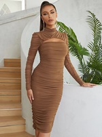 도매 새로운 플러스 사이즈 긴 소매 주름 여자의 섹시한 메쉬 캐주얼 원피스 옷 하이 웨이스트 Bodycon 원피스 파티