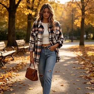 Chemisier à carreaux pour femme, manches longues, boutons sur le devant, épaules tombantes, coupe ample, veste tissée pour l'automne et l'hiver - Product Image 4