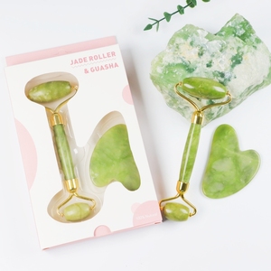 Xiuyan Natural Custom logo Nephrite Facial Green Limestone Ridged Jade Roller and Gua Sha <strong>Massager</strong> Set - Product Image 1