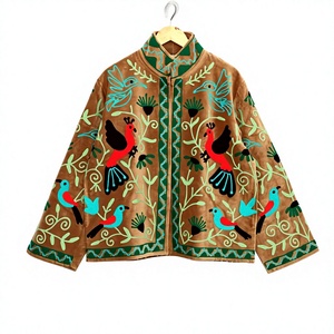 <b>Womens</b> Ethnic Boho <b>Velvet</b> Autumn Winter <b>Jacket</b> Handmade Suzani Embroidery Floral Reversible Breathable Cotton Stand Finished - Product Image 1