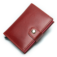 Dompet pria kulit asli, pemblokir RFID Anti magnetik, pemegang kartu kredit ID dengan kancing penutup warna Solid