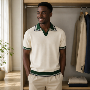 Polo de punto para <span class=keywords><strong>hombre</strong></span> con <span class=keywords><strong>cuello</strong></span> a rayas, manga corta, bloques de color, puños acanalados, estilo golf, informal de negocios, OEM al por mayor - Product Image 2