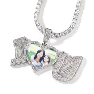 Regalo personalizzato per anniversario di matrimonio personalizzato con <span class=keywords><strong>cuore</strong></span> d'oro rosa con borchie "i Love u" foto ciondoli personalizzati con zircone CZ ghiacciato - Product Image 5