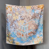 Écharpe carrée pour femme en soie de mûrier 100% twill Xintila, imprimé floral de jardin, collection printemps, couleur bleue, châle en soie