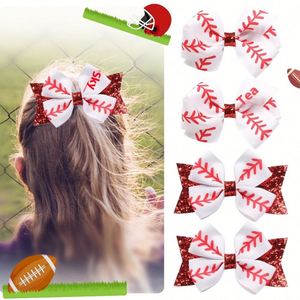 LX European American Sports Baseball Printed Hairpin <b>Red</b> Glitter Side Clip Ribbon Bowknot Full Clamp Plastic Kids 4inch Party - Product Image 1
