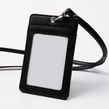 Custom Logo Vertical PU Leather ID Badge Holder Detachable Neck Lanyard Card Holder with 1 Clear ID Window