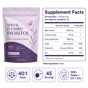 Soutien à la fertilité féminine : Poudre d'inositol 2000 mg, mélange de Myo-Inositol et D-Chiro-Inositol avec Vitamine D3, Folate, Zinc, sans sucre - Product Image 6