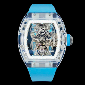 Reloj de pulsera para hombre con correa de caucho blanca, cristal y tourbillon, reloj mecánico esqueleto con forma de tonneau - Product Image 1