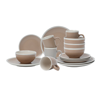 Service de table rustique en grès de 16 pièces, couleur mocha blanc cassé, assiettes, bols, tasses, compatible micro-ondes et lave-vaisselle, pour la salle à manger à domicile