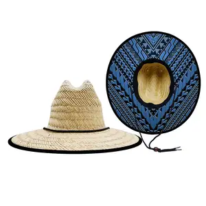 Chapeau de plage personnalisé d'été pour femmes impression polynésienne surf sauveteur soleil plage extérieur large bord sauveteur chapeau de plage en paille naturelle