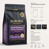 Sacs d'emballage pour café de haute qualité, 12 oz (340 g), fond plat, fermeture éclair, noir mat, design personnalisé, avec valve pour grains de café