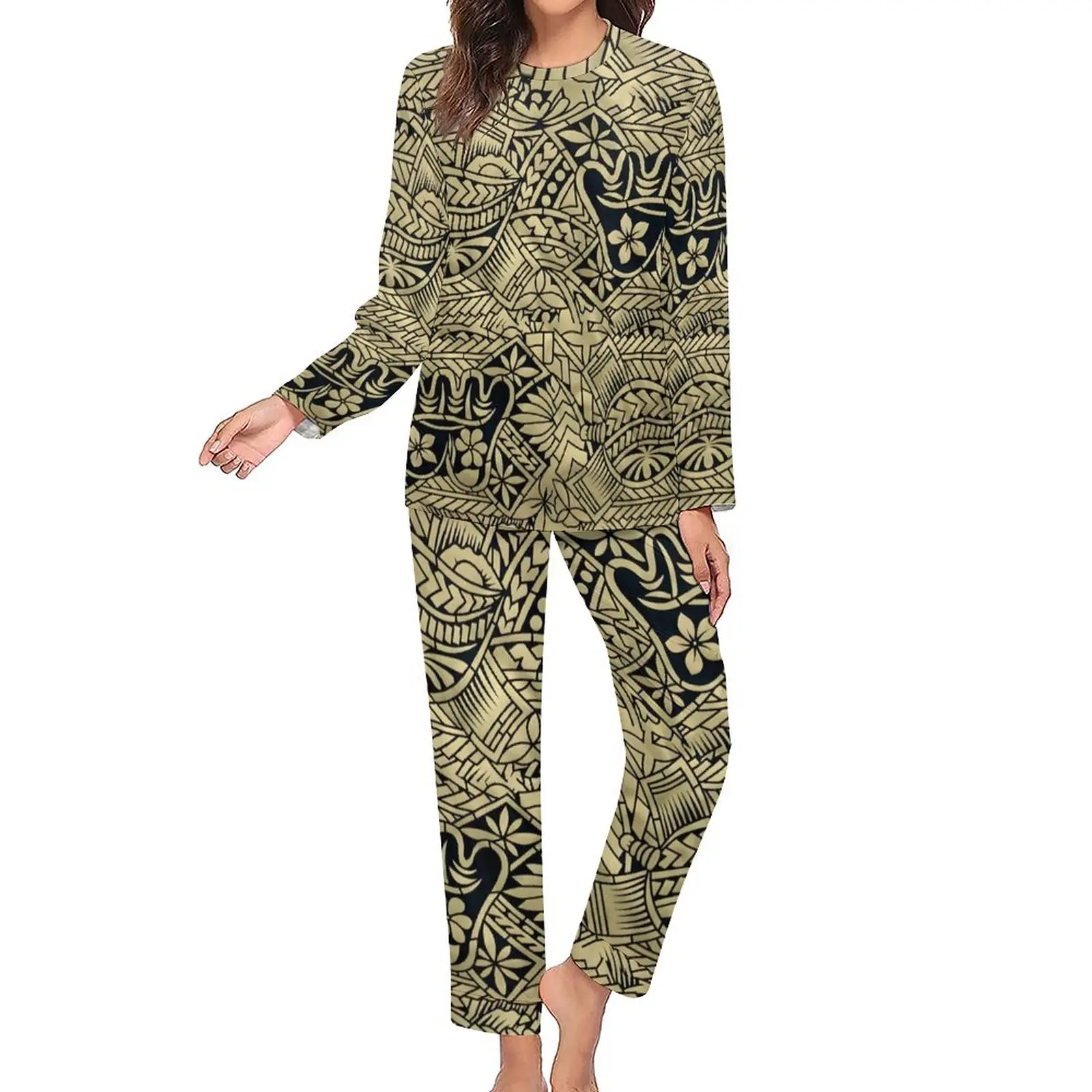 1 MOQ dropshipping loungewear polinesiano donna 2 pezzi set abbigliamento pigiama da notte con stampa in cotone poliestere di alta qualità