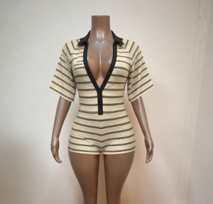 <span class=keywords><strong>Tuta</strong></span> Corta da Donna Jiubaju con Scollo <span class=keywords><strong>a</strong></span> V, Maniche Corte, <span class=keywords><strong>Righe</strong></span>, Bottoni e Colletto Rovesciato, Ideale per Vacanze - Product Image 4