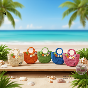 Borsa di Carta Intrecciata a Cinque Fiori Piccoli Semicircolari BOLSO 25cm Borsa Estiva da Spiaggia Fatta a Mano per Donne - Product Image 3