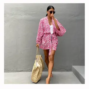 2022 Short Leopard Print Cardigan Jacket Beach Sunscreen Shirts Women Cover Up short kaftan kurti