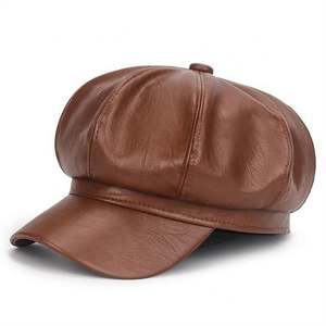 Automne et hiver béret en cuir PU femmes chapeau octogonal en cuir rétro britannique noir - Product Image 2