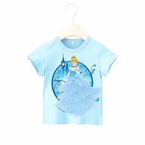KDS-008 Super Bonito Belo 3D Princesa topos de impressão para Crianças meninas 100% algodão de malha de verão de manga curta T-shirt blusa