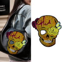 Patch brodé de sequins colorés en forme de crâne, thermocollant, applique Sugar Skull, style punk, badge pour vêtements, décoration DIY pour veste, chapeau, sac