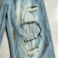 Pantalon en jean OUNA personnalisé pour homme, bleu clair, déchiré, effiloché, coupe ample, style streetwear vintage, en denim de coton