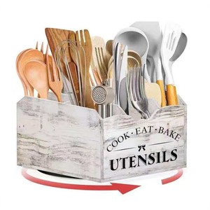 Cross-border retro wooden tableware storage box, kitchen rotating compartment kitchen utensil organizer, household knife, fork, - Product Image 1