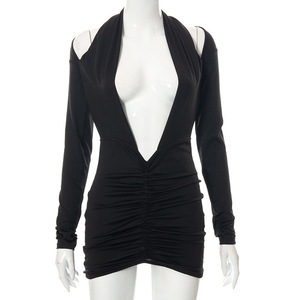 Y2K manica lunga con scollo all'americana da donna Sexy Cardigan aderente arricciato <span class=keywords><strong>nero</strong></span> senza schienale Mini abito - Product Image 5