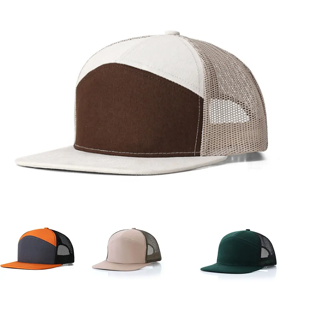 7 Panel Flat Brim Mesh Trucker Hat Custom Logo Hip Hops Sports Caps Adjustable Breathable Snapback Baseball Cap for Unisex