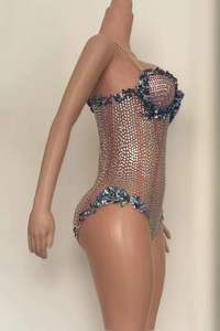 Ocstrade Bling Bodysuits para mujer Stage Wear Glitter Print Rhinestone sin mangas See Through Performance Body Jumpsuit - Product Image 4
