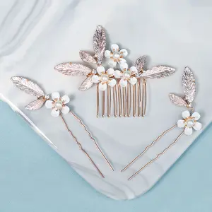 Dropshipping Gold Wedding Bride Classic Handmade Crystal Pearl Bridal Headpieces Hair Comb Sets Hair Jewelry for Bride