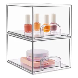 2 Pack Clear Stackable Storage Drawers 4.4'' Tall Acrylic Bathroom Makeup Organizer Plastic Storage Bins