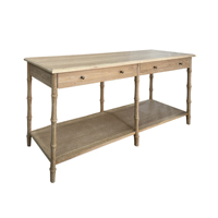 Table console longue de style vintage antique HL615-200 en bois de chêne massif avec pieds en bambou, étagères de rangement et tiroirs