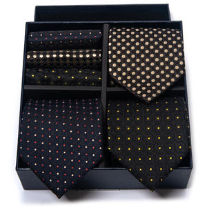 Coffret Cadeau de Luxe 3 Pièces : Cravate, <span class=keywords><strong>Mouchoir</strong></span> et Boutons de Manchette pour Homme, Accessoires de Costume Points Dorés sur Fond Noir - Product Image 1