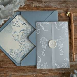 Invitación de Boda de Lujo en Papel Náutico Azul Polvoriento con Diseño de Caballito de Mar, Estrella de Mar, Coral y Concha, Sello de Cera e Impresión Personalizada - Product Image 4