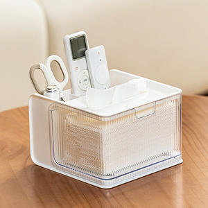 Caja de pañuelos multifuncional, organizador de almacenamiento de escritorio de plástico rectangular con soporte para teléfono para oficina, dormitorio, sala de estar - Product Image 3