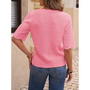 定制女式短袖短款开衫轻质针织纽扣上衣休闲夏季服装 - Product Image 4