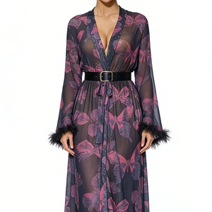Robe longue transparente imprimée pour femme, col en V, style kimono avec bordure en tulle, chemise de nuit, pyjama, vêtements de nuit, mode - Product Image 4
