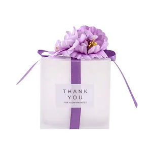 CSMD China suppliers 6x6cm factory direct wholesale thank you lettering purple ribbon closure frosted favors candies plastic box