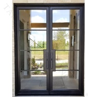 Porte d'entrée extérieure de sécurité Tanlong moderne en acier noir avec cadre en acier, double porte française à 4 panneaux en verre trempé transparent